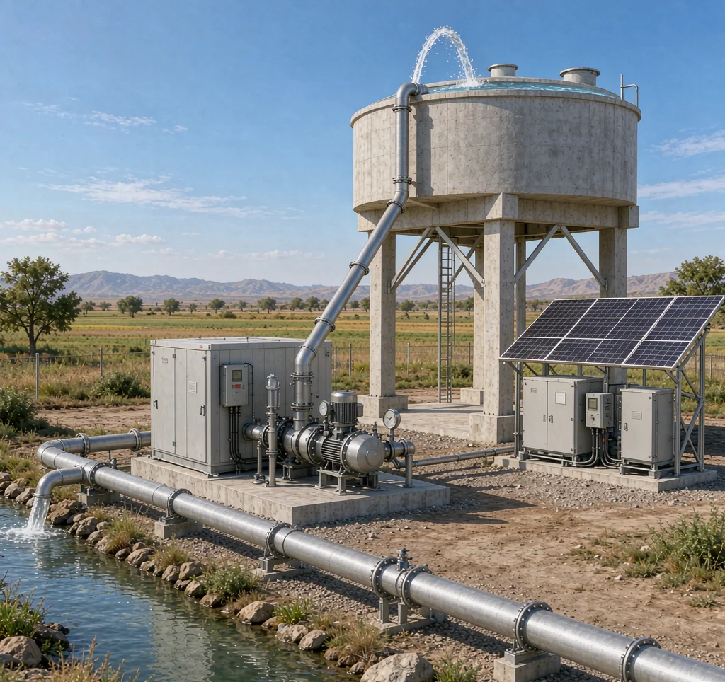 Solar water pump filling a large elevated bulk water storage tank from a source