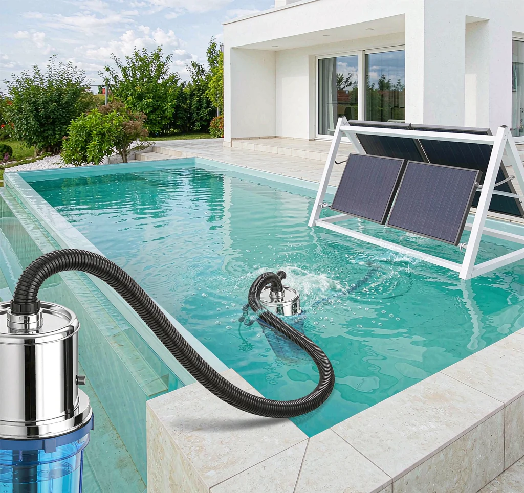 Solar water pump filling and circulating water in a backyard swimming pool with a pool filter