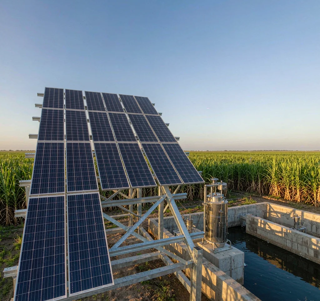 Solar-powered submersible pump station with photovoltaic array irrigating a sugarcane plantation