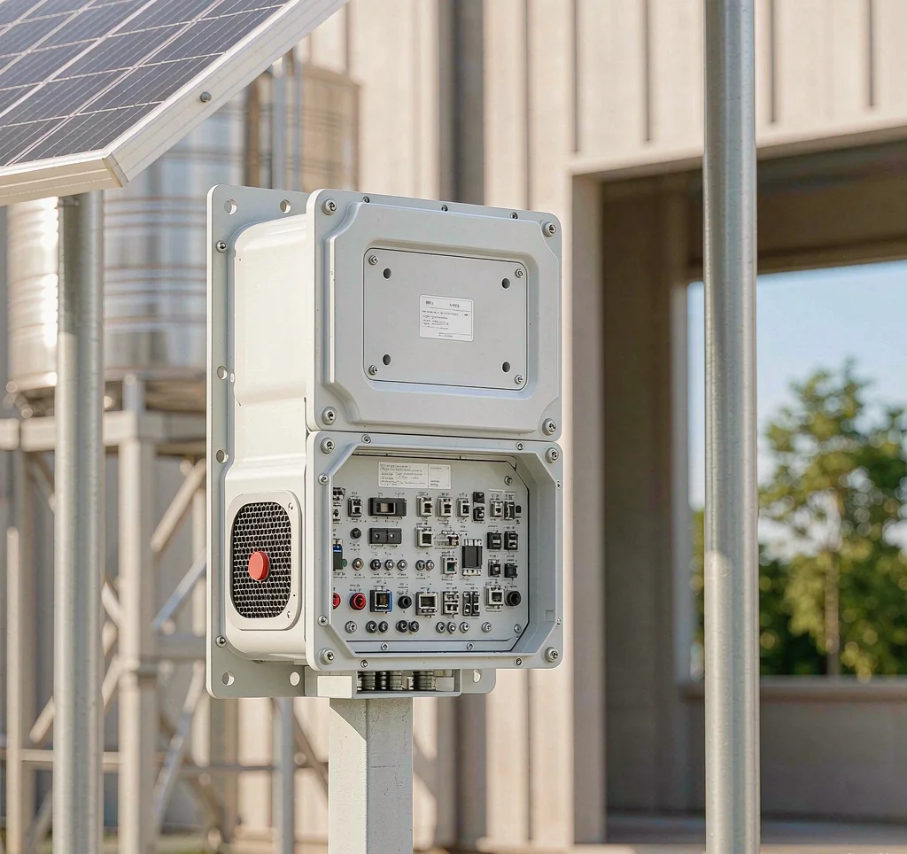 Solar pump MPPT controller unit mounted outdoors with solar panels for off-grid water pumping