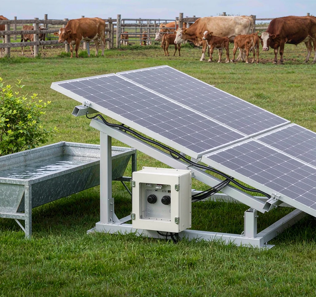 Solar water pump supplying a livestock watering trough on a ranch with cattle