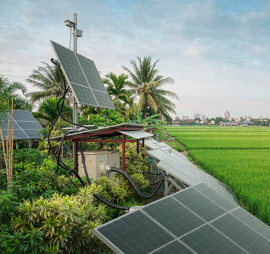 Solar water pumps irrigating a rice paddy field in Southeast Asia with panel arrays