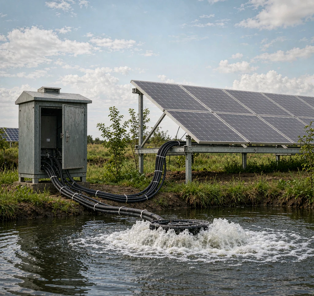 Solar powered pump and water tank with level control at a rural fish farm pond