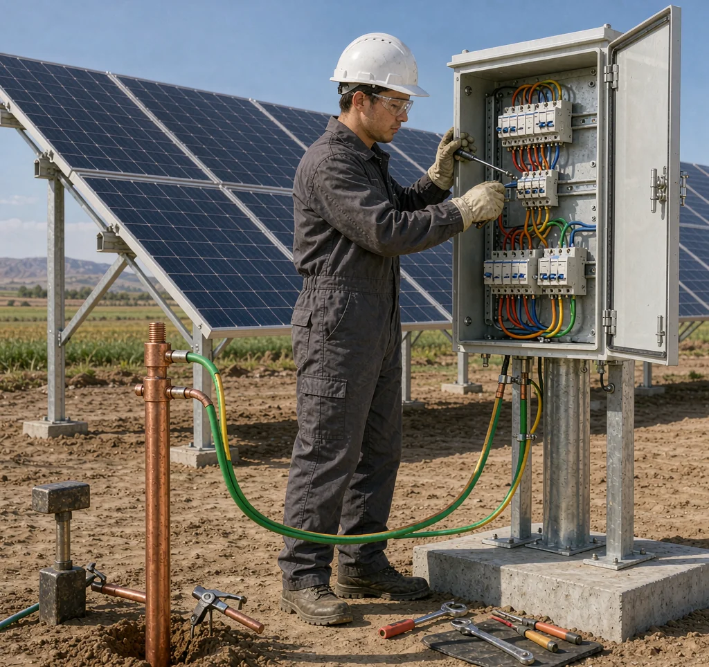 Technician installing solar pump piping and fittings with panel array and controller
