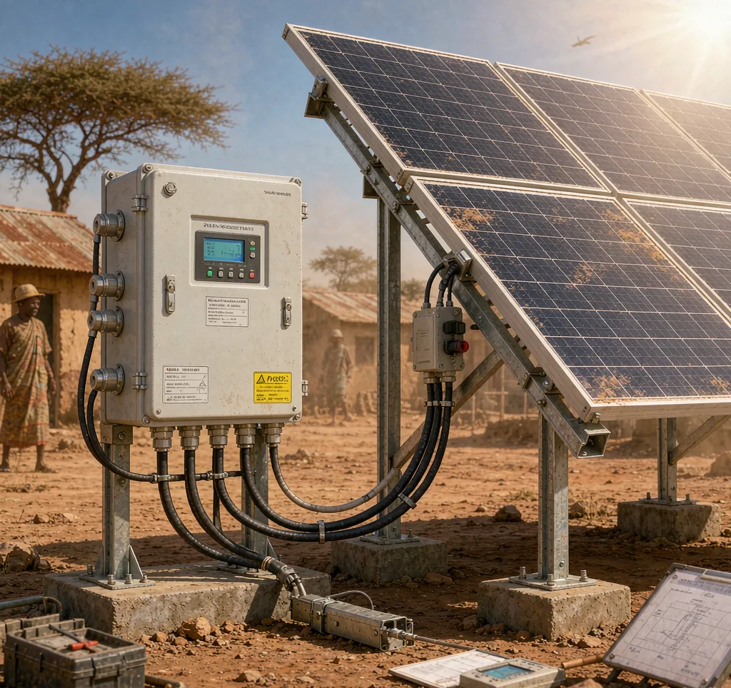 Solar water pump controller and panels installed in a hot dusty rural African environment