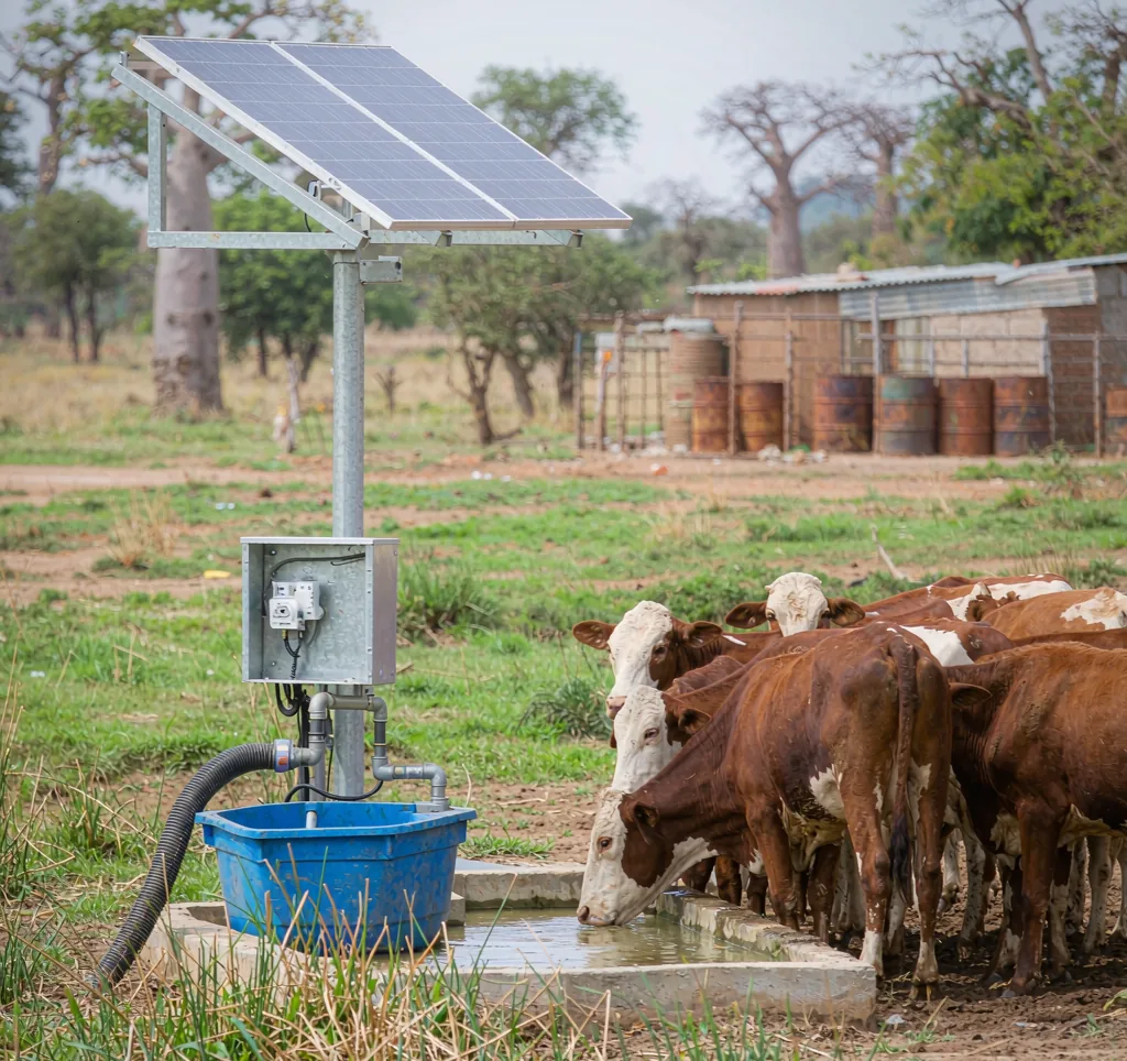 Solar water pump at a rural African livestock watering point with cattle drinking and solar panels