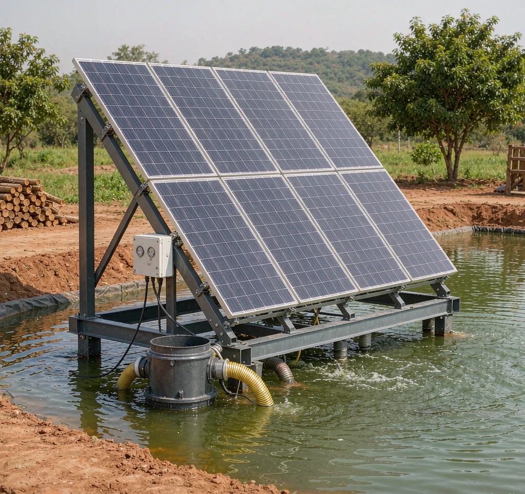 Solar powered water pump system beside a fish pond on an African aquaculture farm with solar panels