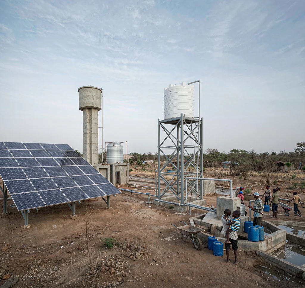 Solar water pumping system providing clean water to a rural African village water point with solar panels and tank