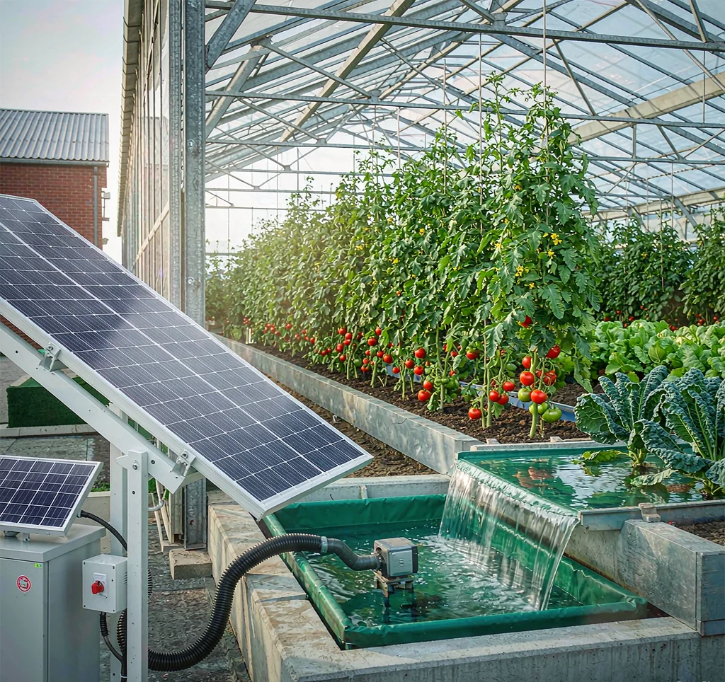 Solar water pump irrigating a greenhouse with high value vegetable crops in Africa with solar panels and drip lines