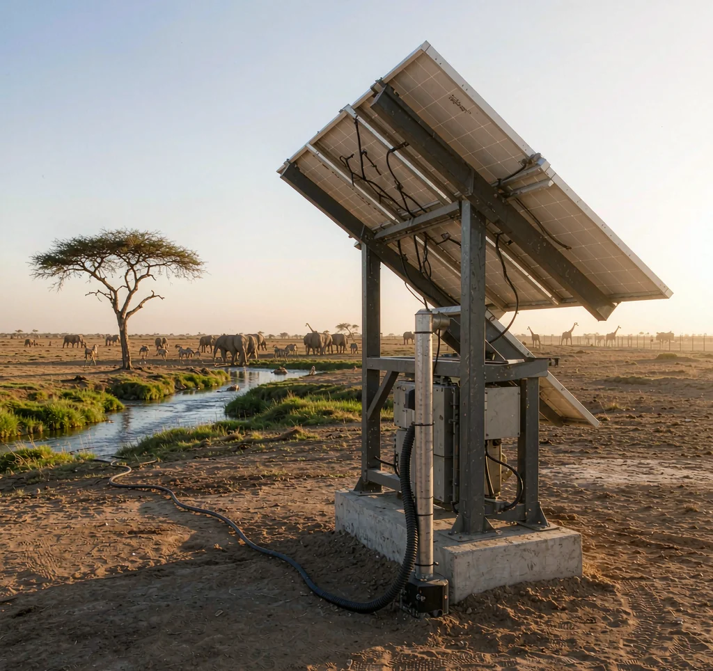 Solar water pump system at an African wildlife reserve supplying a natural watering hole near acacia trees with solar panels