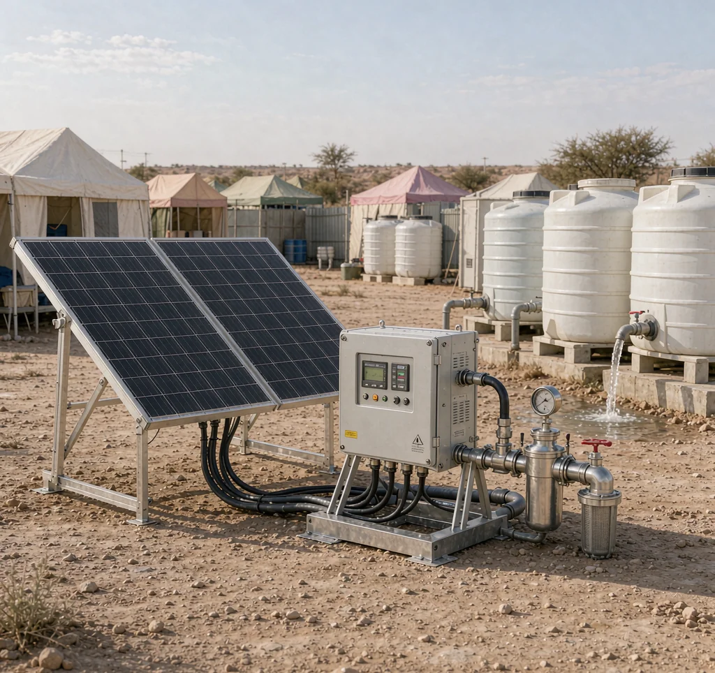 Portable solar water pump system providing emergency water supply at a humanitarian relief camp in Africa with water tank and solar panels