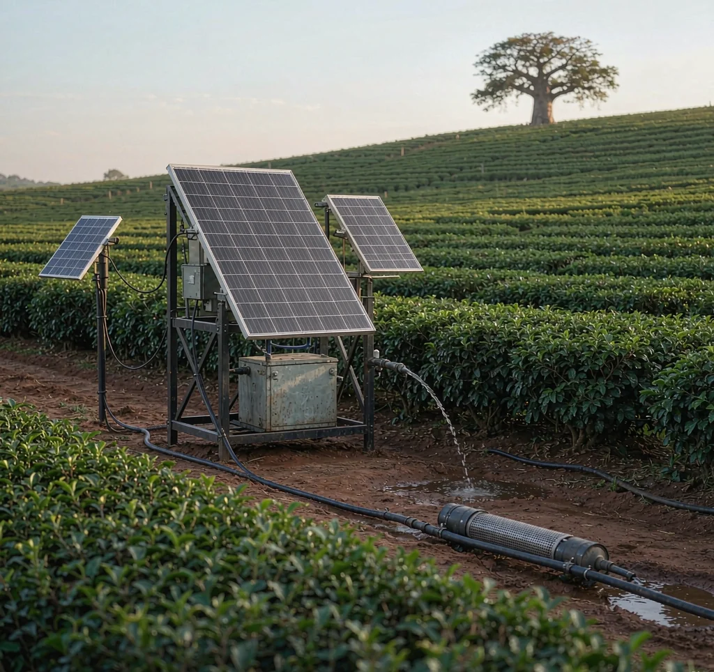 Solar water pump irrigating a coffee or tea plantation on a sloping estate in Africa with solar panels