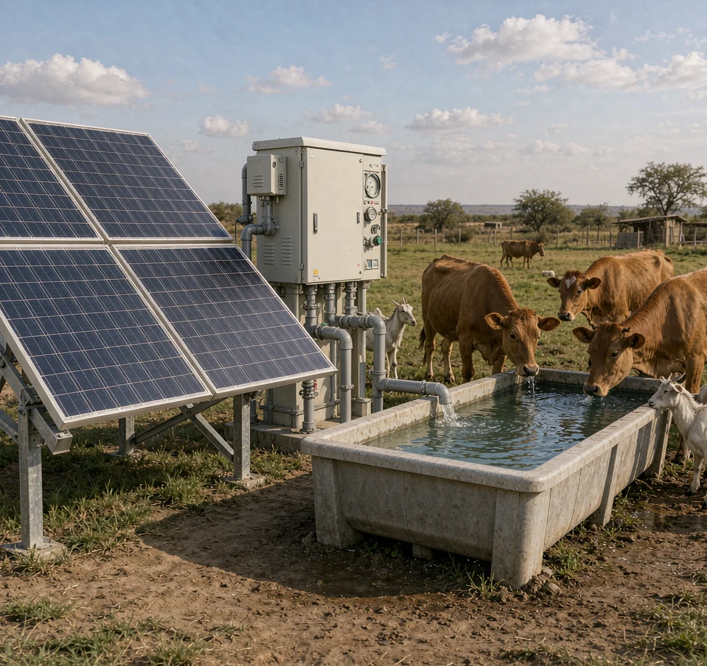 Solar water pump supplying water to a dairy or cattle farm in Africa with solar panels and a livestock trough