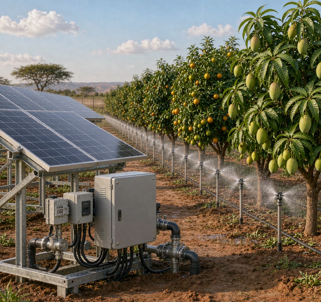 Solar water pump irrigating a fruit orchard with mango or citrus trees on a commercial estate in Africa