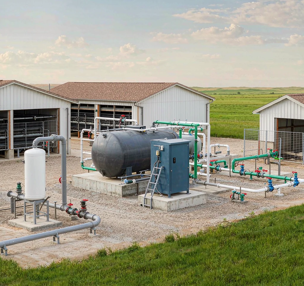 Solar water pump system at a poultry farm in Africa supplying drinking and cooling water with solar panels