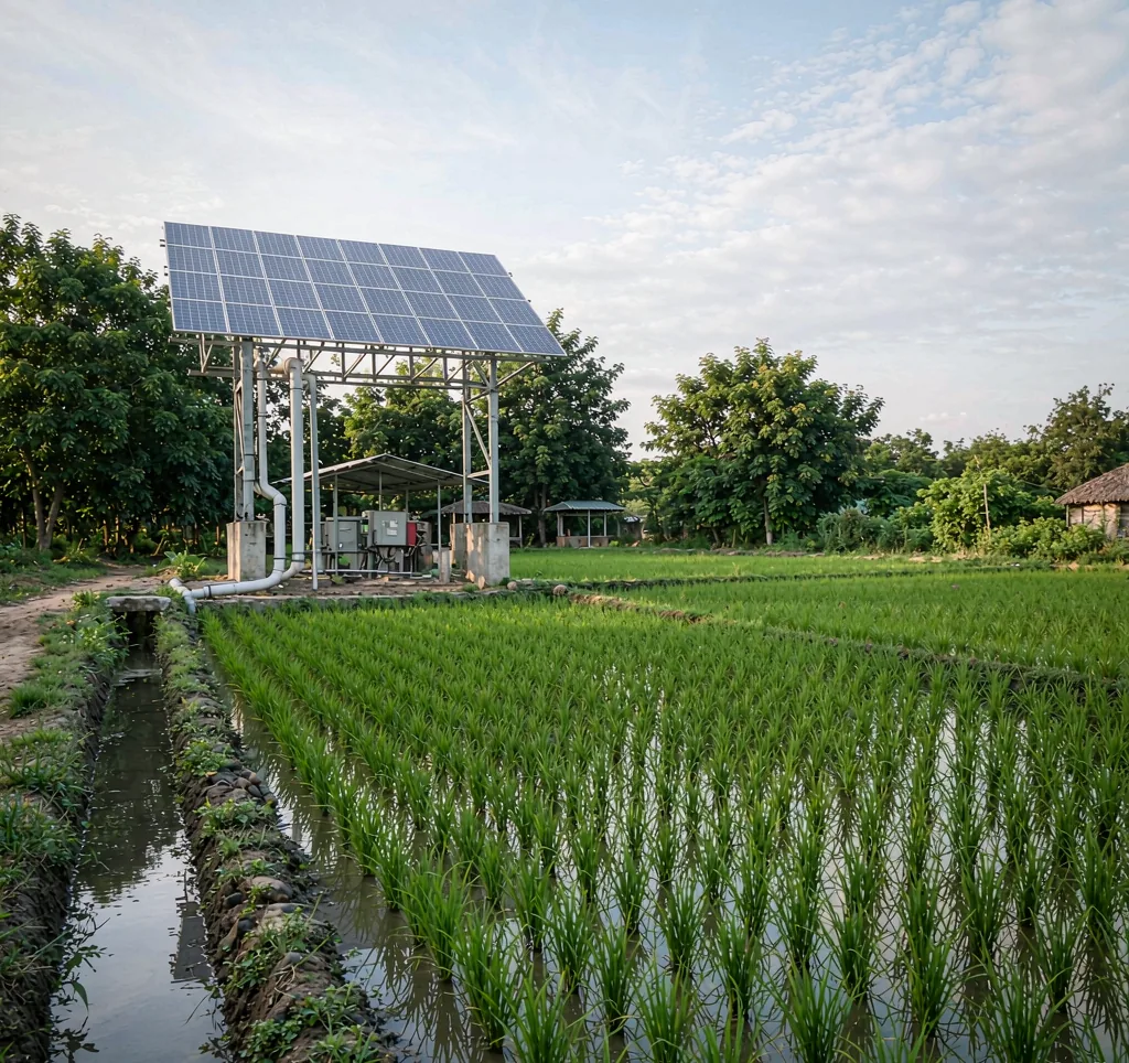 Solar water pump irrigating flooded rice paddies on a small farm in Africa with solar panels and water channels