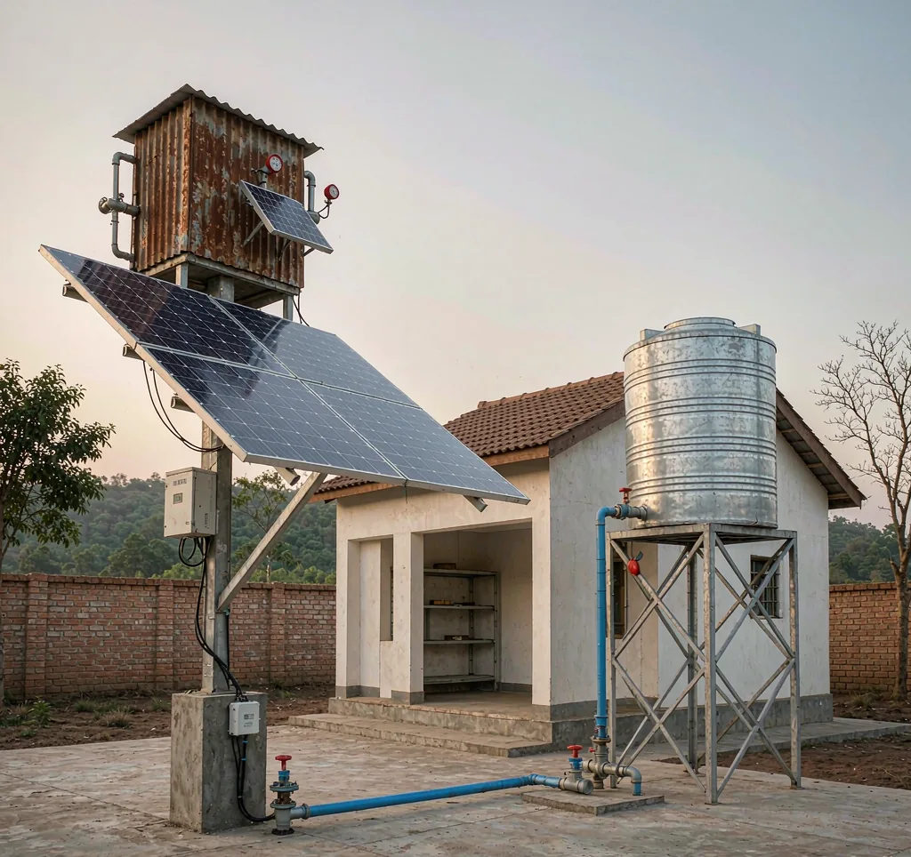Solar water pump system supplying clean water to a health clinic in a rural African village with solar panels and storage tank