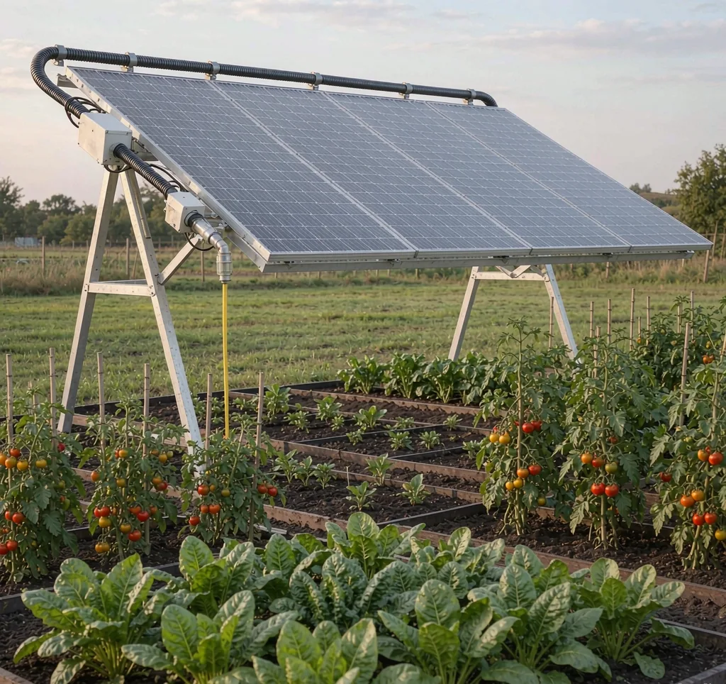 Solar water pump irrigating a smallholder vegetable market garden in Africa with solar panels and drip lines among tomato and leafy greens