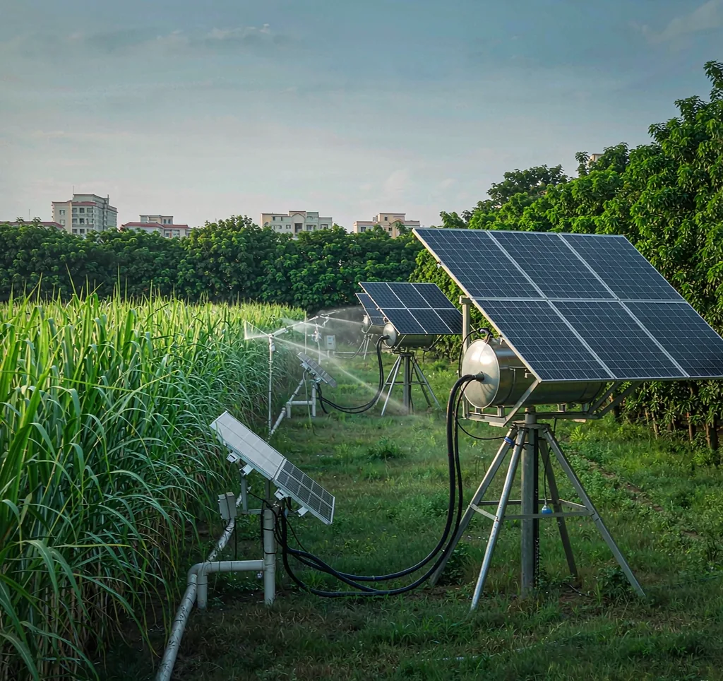 Solar water pump irrigating a sugarcane plantation on a commercial estate in Africa with solar panels and sprinkler lines