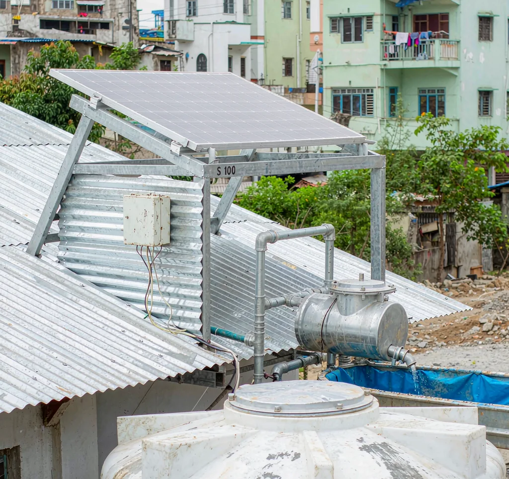 Solar water pump system supplying water at a construction site in an African city with solar panels and storage tank near building works