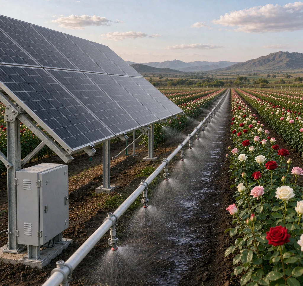 Solar water pump irrigating a commercial flower and rose farm on a highland estate in Africa with solar panels and micro-sprinklers