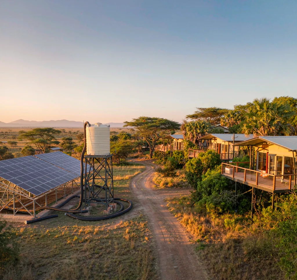 Solar water pump system supplying water to an eco-tourism lodge in the African bush with solar panels and elevated water tank