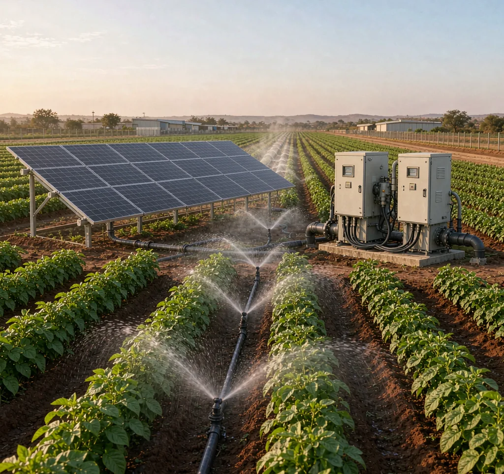 Solar water pump irrigating a potato farm on a commercial estate in Africa with solar panels and sprinkler lines among ridged beds