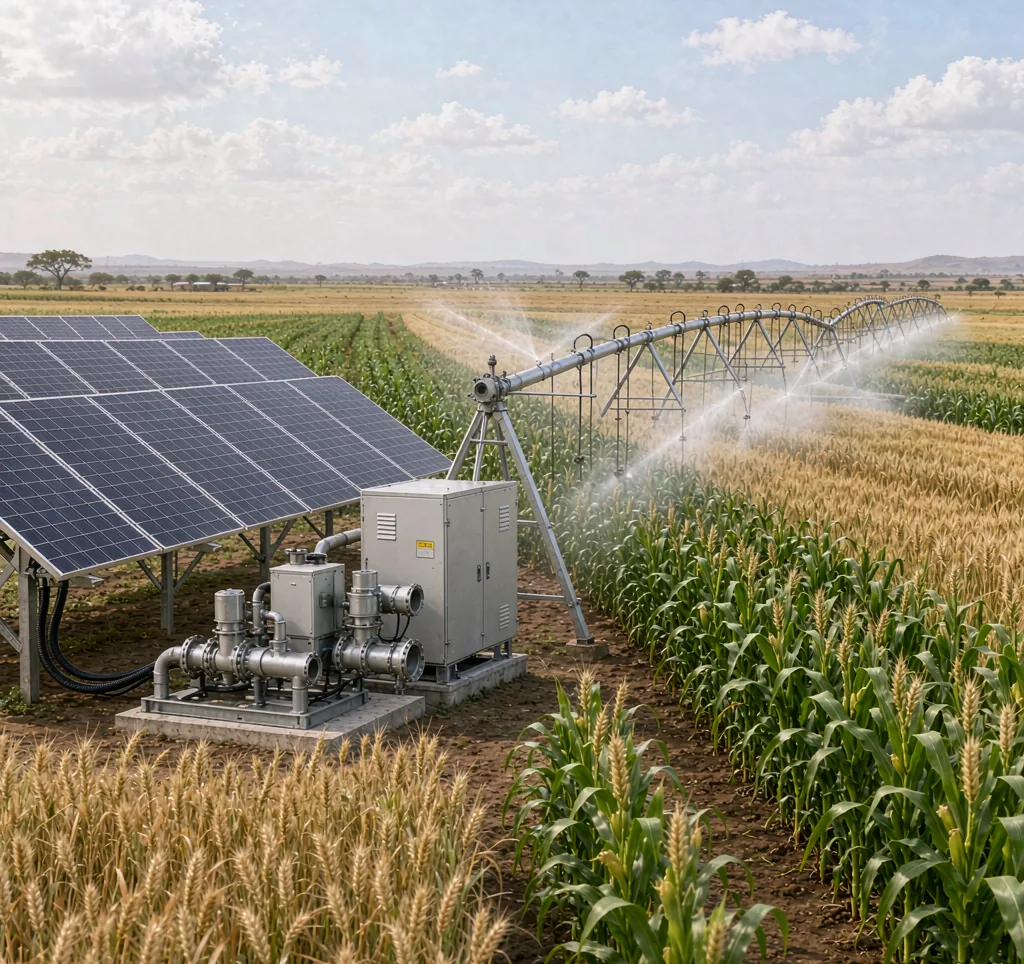Solar water pump providing supplemental irrigation to a grain and cereal farm with wheat or maize in Africa with solar panels and center pivot