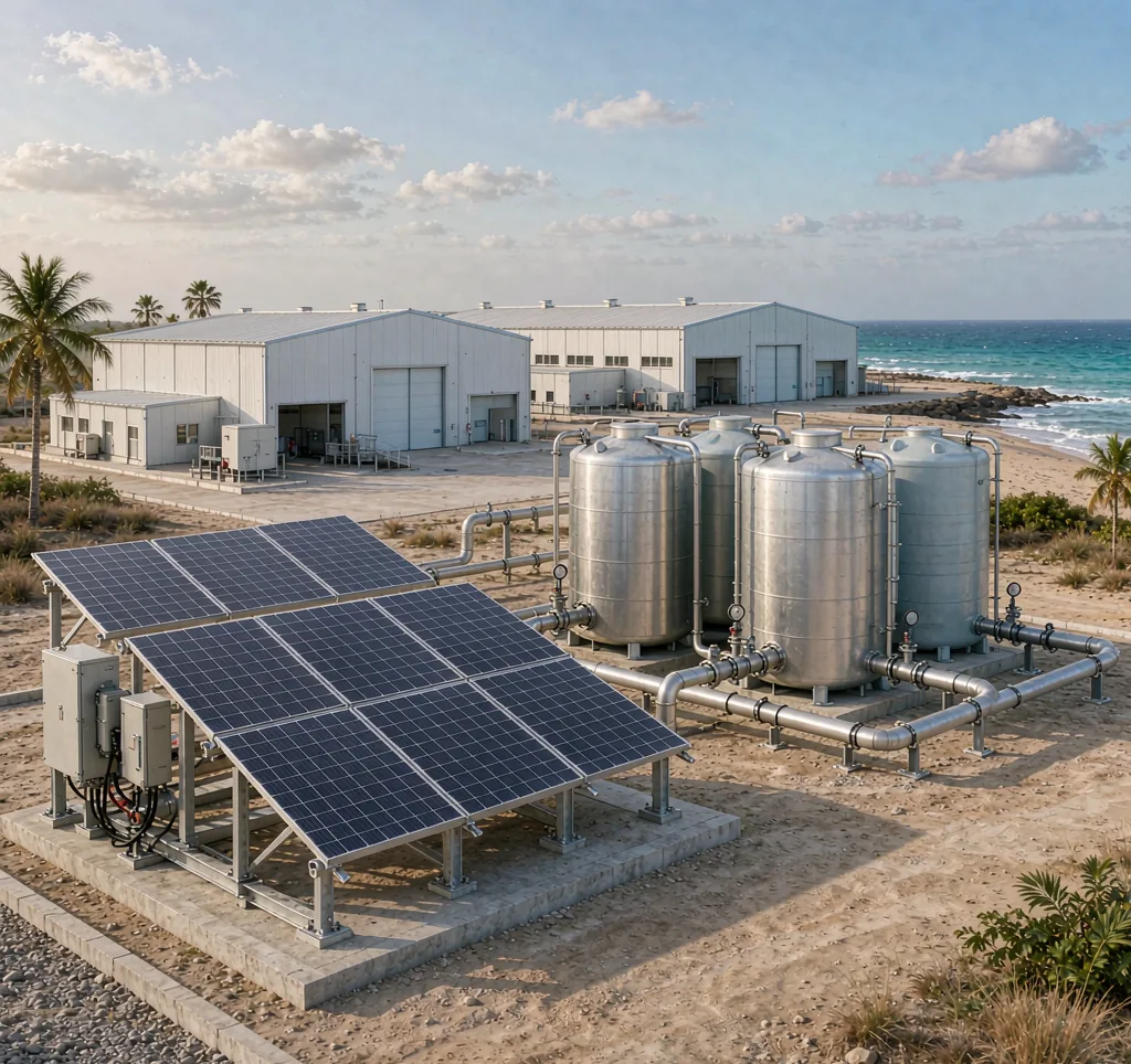 Solar water pump system supplying clean water to a fish processing and cold chain facility on the African coast with solar panels and water tanks