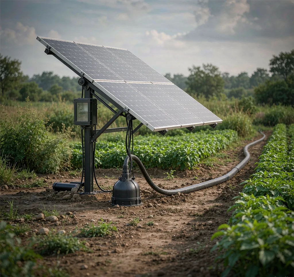Solar water pump system irrigating a rural farm in Brazil with solar panel array and submersible pump