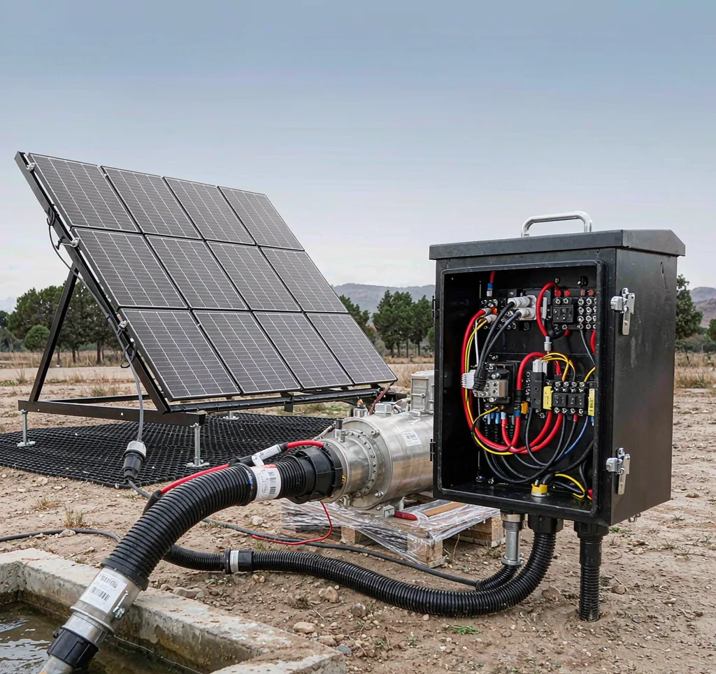 Solar water pump system with DC and AC wiring and a controller box in a rural setting