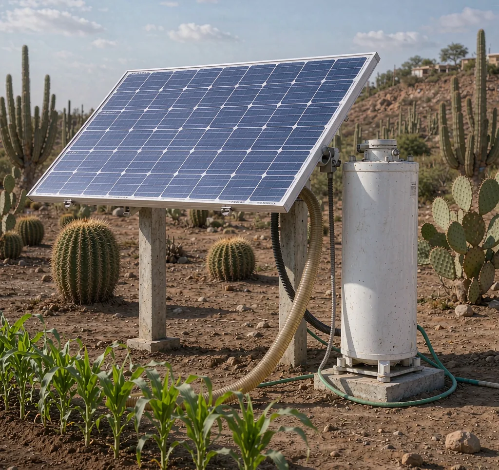 Solar water pump system in an arid agricultural region of Mexico with solar panels and crops