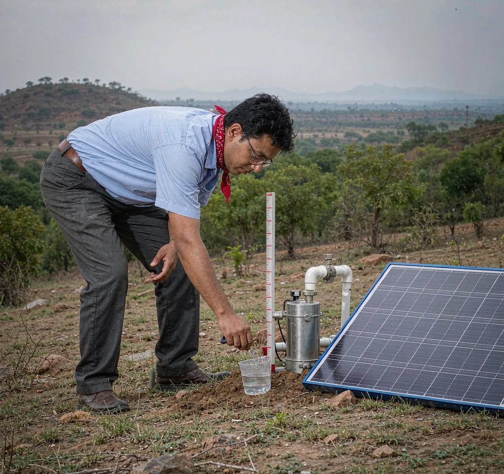Engineer inspecting a solar water pump with elevation setup showing lift height on sloped terrain