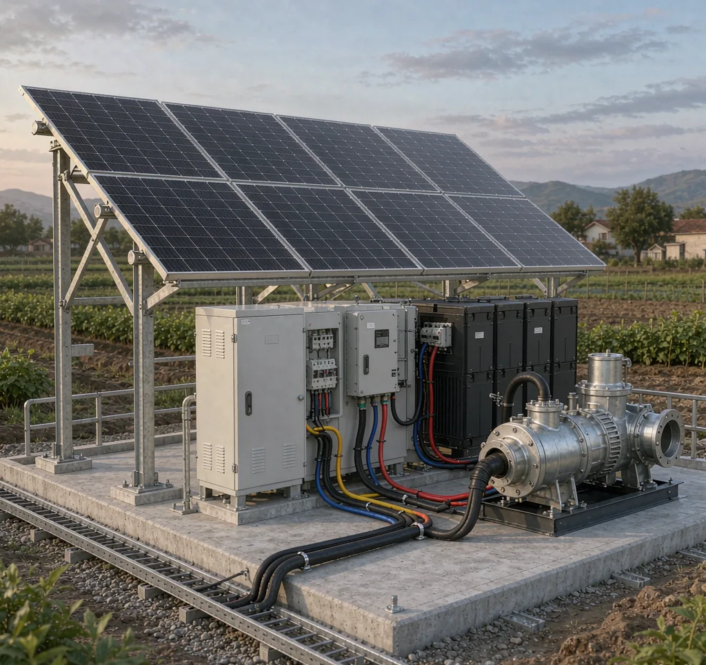 Hybrid solar water pump system combining solar panels, battery bank and grid connection