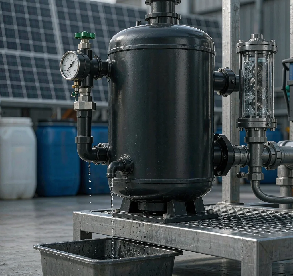 Solar water pump with pressure gauge and flow meter being tested with solar array in background