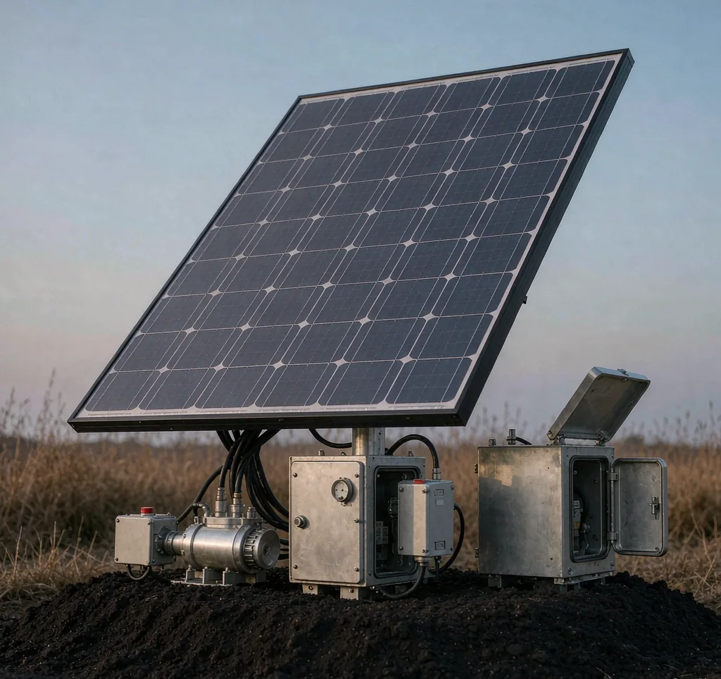 Solar water pump system with submersible pump and solar array at a borehole site