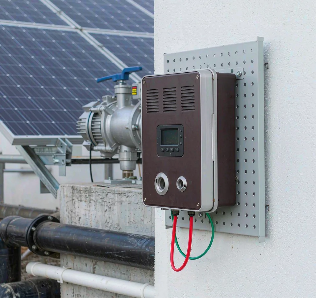 Solar pump MPPT controller device mounted on a wall with solar panel array and pump nearby