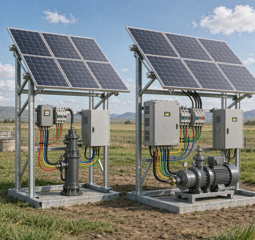 Two solar water pump setups side by side, one DC pump and one AC pump with inverter